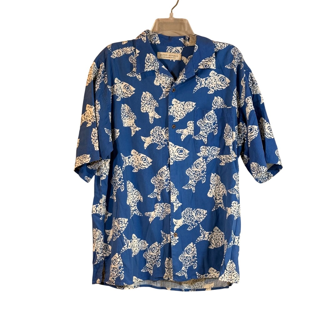Island Republic L Fish Print Button Down L Blue Short Sleeve Silk‎ Blend Beach